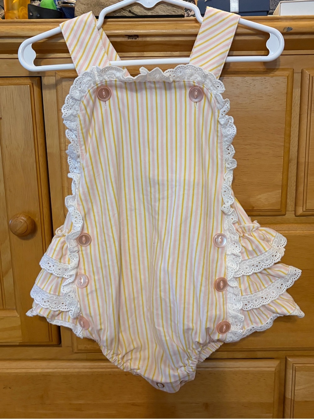 Serendipity Cute Girls' Pink & Yellow Striped White Ruffle Bubble Size 12 Months